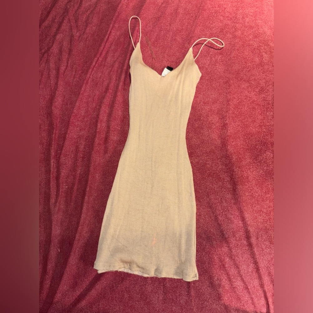 Cream/beige body con v neck mini dress